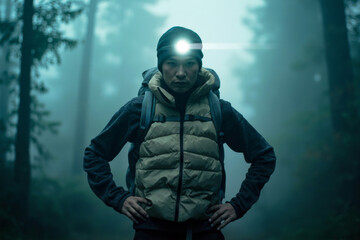Fototapeta premium Determined night hiker in foggy forest illuminated by headlamp light, standing confidently with hands on hips, misty background atmosphere.