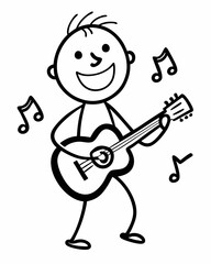 Happy Stick Figure Playing Acoustic Guitar &ndash; Minimalist Black and White Doodle.