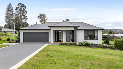 Modern Suburban Home Exterior With Gray Garage And Lush Lawn