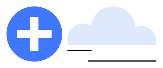 Blue add icon next to a simple cloud graphic with black horizontal lines suggesting input or connection. Ideal for technology, upload, cloud storage, connection, innovation, software, analytics. Flat