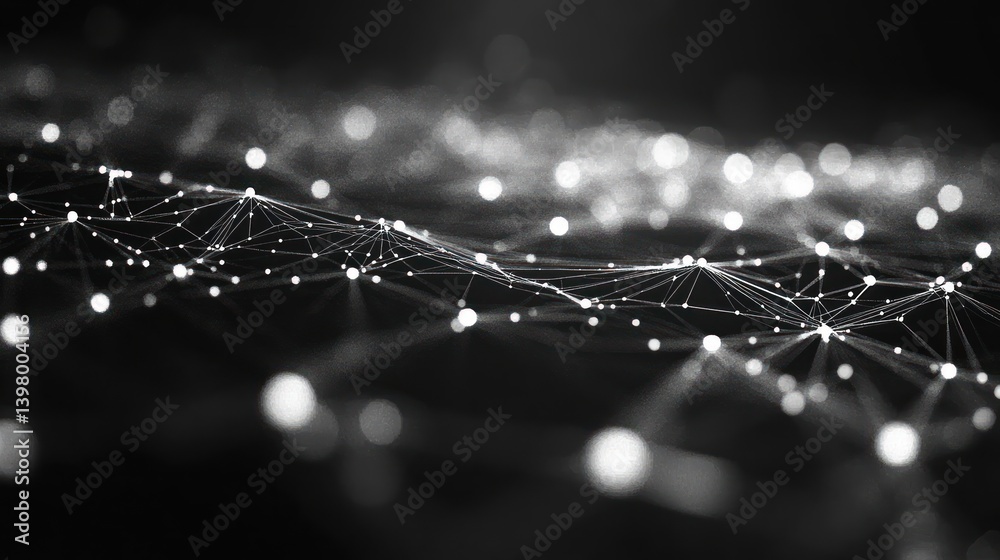 Poster complex interconnected network with glowing nodes and lines in a black and white abstract representa