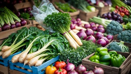 Fresh Healthy Greens Vegetables at Farmers Market Stall. AI Generative.