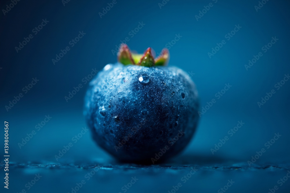 Poster close-up of single blueberry with water droplets on surface under moody light on dark blue backgroun