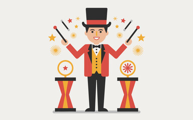 Cartoon Magician Performing Trick with Wand and Stars, Flat Vector