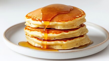 A stack of golden pancakes with syrup dripping down, served on a white plate against a light background, close-up shot, and breakfast concept.