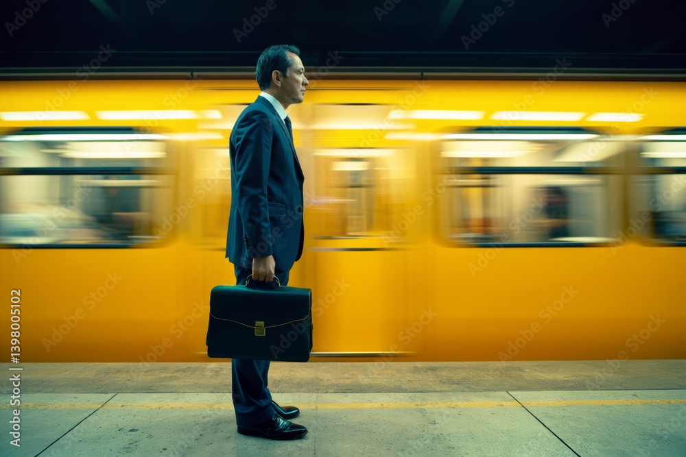 Poster businessman waiting on subway platform with blurred yellow train motion in background, concept of ur