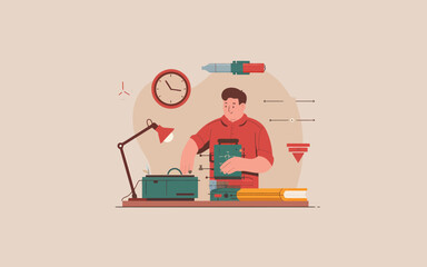 Man repairing electronics at desk with lamp and tools, vector illustration.