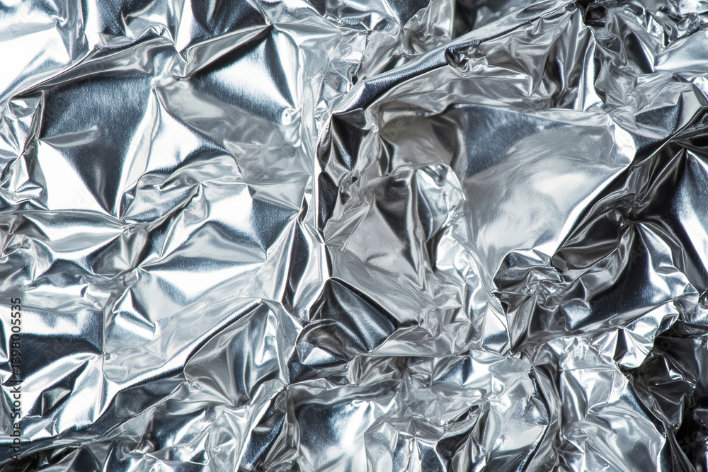 Poster Shiny crumpled silver foil creating a reflective metallic surface with dynamic light patterns and abstract design for creative background use.