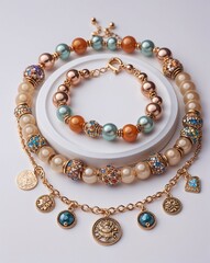 Obraz premium A charm necklace and beaded bracelet jewelry set in plain white background