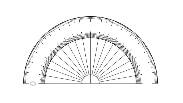 Protractor measuring angles in geometry, One is oriented vertically and the other horizontally, both marked clearly from 0 to 180 degrees with detailed lines and numbers, educational, math, science