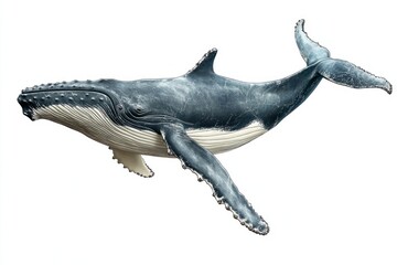 Fototapeta premium Humpback whale swimming, isolated, white background, for use in education or marine life displays