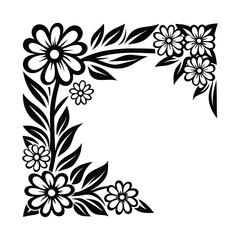 Floral Corner Design, Black and White Flowers with Leaves Border, Nature Element Decoration
