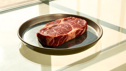 beautifully marbled beef steak placed on sleek metal plate, showcasing its rich color and texture, perfect for culinary enthusiasts