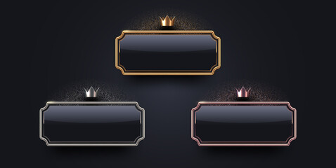 3d luxury sign with metal frame and crown. Gold, silver and bronze metallic premium sign on black background. Vector set.