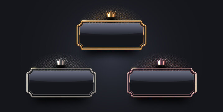 3d luxury sign with metal frame and crown. Gold, silver and bronze metallic premium sign on black background. Vector set.