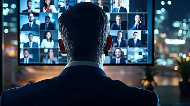 The head of a large business company holds an online meeting with his subordinates in his office in a skyscraper in the city's business district	