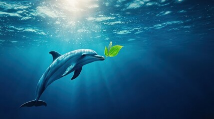 Obraz premium A dolphin drinking water from a floating leaf on the oceanâ€™s surface.