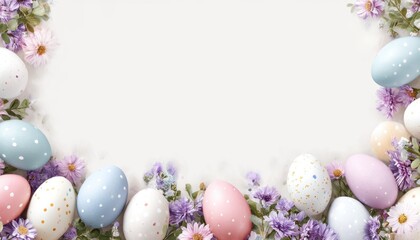 Colorful eggs arranged in a circle surrounded by vibrant flowers for Easter celebration.