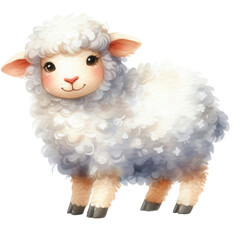 A digital illustration of a white sheep. watercolor style soft color. transparent background