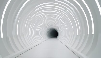 Abstract Tunnel of Light: A minimalist, futuristic tunnel lined with luminous white circular lights. The tunnel creates a sense of depth and mystery, leading toward a dark, unexplored path.