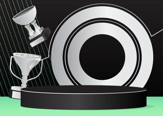 Mockup product display with Trophy Cup. Vector cylinder pedestal podium. Stage showcase for presentation. Minimal geometric forms.