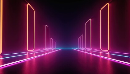 Neon Avenue: Illuminate the future with this vibrant neon lights pathway, featuring a symmetrical perspective and futuristic design, capturing the essence of technology and innovation.