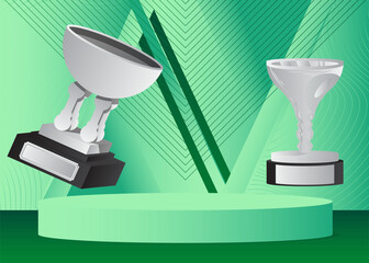 Mockup product display with Trophy Cup. Vector cylinder pedestal podium. Stage showcase for presentation. Minimal geometric forms.