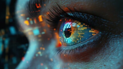 Detailed portrait of an AI robot with a rainbow-hued eye, surrounded by crypto charts on glass panels