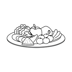 Black And White Outline Illustration Of Healthy Fresh Fruits And Vegetables On A Plate