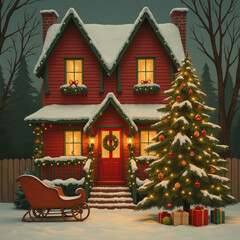 cozy red house adorned with snow, festive lights, and decorated Christmas tree stands in winter wonderland, evoking holiday cheer