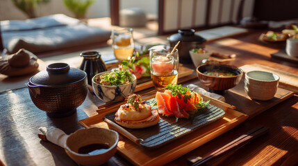 Fototapeta premium Authentic japanese cuisine restaurant serving traditional dishes and drinks on wooden table setting