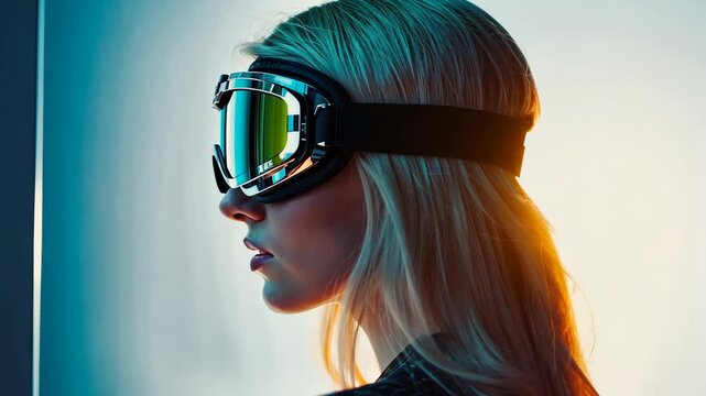 Woman wearing futuristic ski goggles reflecting vibrant colors in studio lighting, sleek and modern profile