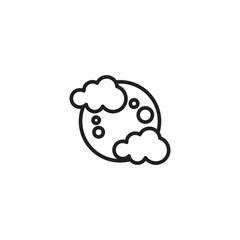 A simple line drawing shows a full moon with craters, partially obscured by two fluffy clouds. Represents a cloudy night with a visible moon.