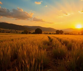Golden fields stretch to the horizon as the sun rises, casting a warm glow over the landscape