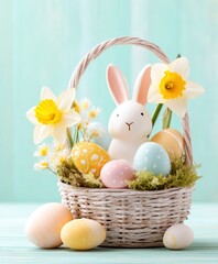 A festive basket contains a bunny and colorful eggs, symbolizing the joy of Easter celebrations.