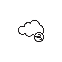 A simple line drawing shows a fluffy cloud. A circle containing curved lines, indicating wind, is positioned near the bottom right of the cloud. Represents windy and cloudy weather.