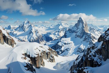A breathtaking mountain landscape blanketed in pristine snow, showcasing rugged peaks and ridges under a clear blue sky