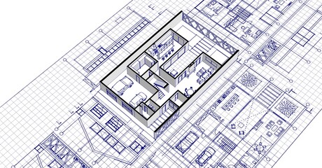 Fototapeta premium house sketch project facades plans sections 3d illustration