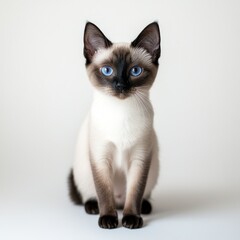 Studio shot of Siamese kitten sitting, white background. Pet portrait for adoption or website