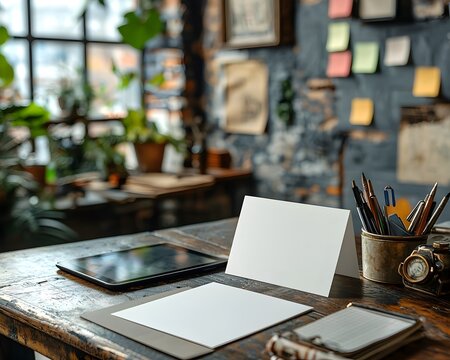 Creative desk workspace with blank card and digital tablet