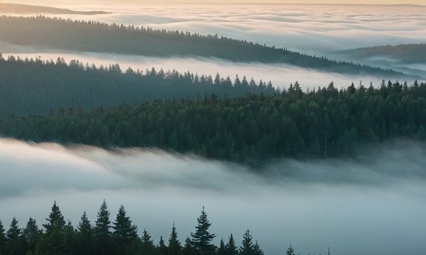 Mystic forest landscape shrouded in ethereal fog at early morning light