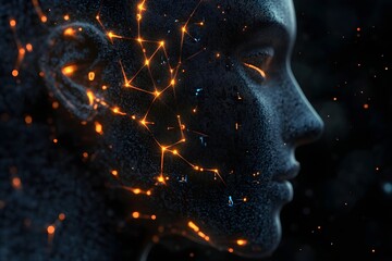 A profile view of an AI head with glowing data connections