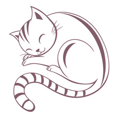 Illustrated Striped Cat Curled Up, Lying Down, Eyes Closed, Happy, Minimalist Style