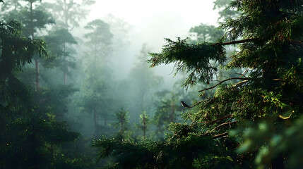 Obraz premium An atmospheric International Day of Forests setting with towering trees and wildlife against a misty morning forest backdrop, macro shot,