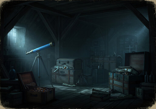 Dusty Attic Interior with Antique Telescope and Chests