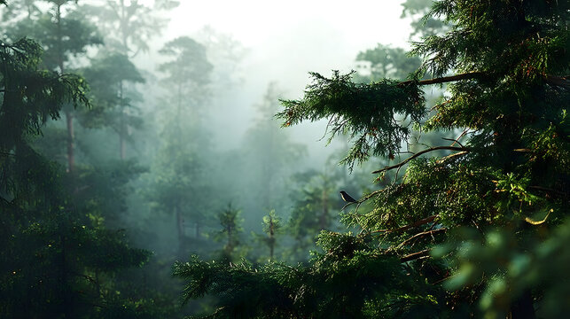 An atmospheric International Day of Forests setting with towering trees and wildlife against a misty morning forest backdrop, macro shot,