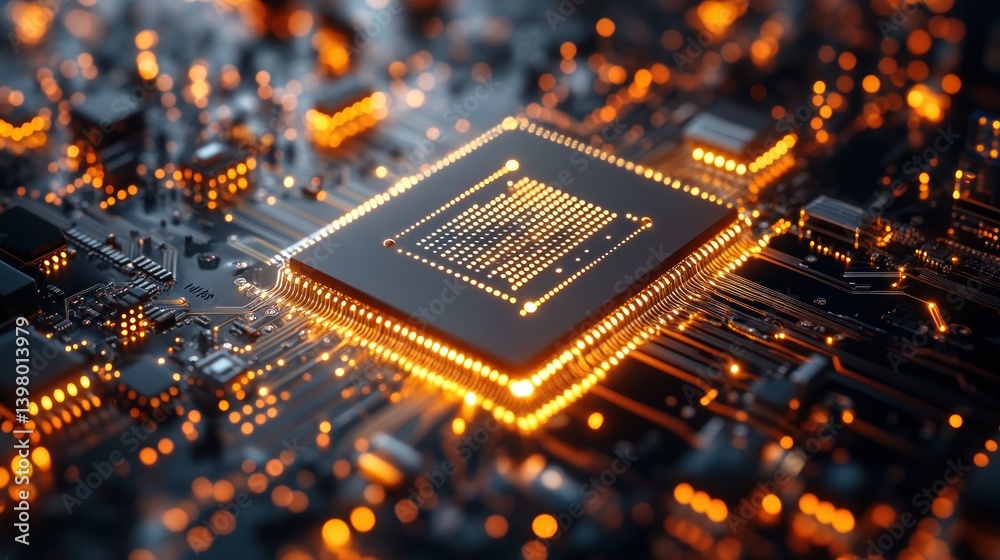 Poster illuminated microchip close up showcasing intricate circuitry and glowing pathways symbolizing advan