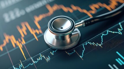 A stethoscope rests on a financial chart, symbolizing the intersection of healthcare and finance.