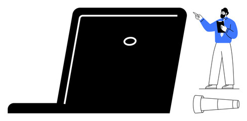 Man in formal attire pointing while holding documents, next to a telescope and large laptop. Ideal for strategy, leadership, analysis, planning, innovation, business growth focus. Flat simple