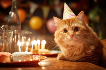 Orange cat wearing a party hat at birthday party